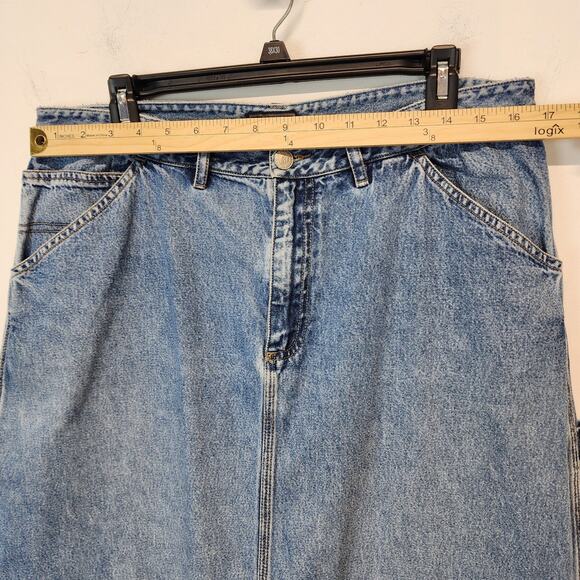 Vintage Bass Denim Maxi Carpenter Skirt Size 12 32" Medium Wash Back Slit Indie - Picture 9 of 12